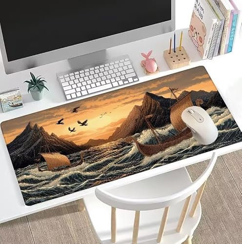 Tapis de Souris Océan Tapis de Souris Gamer XXL 1000x500x3mm Gaming Accessoire, Tapis de Souris Bateau Tapis Souris Résistant à l'eau avec Base en Caoutchouc antidérapant, Deco Bureau Travail W5-25