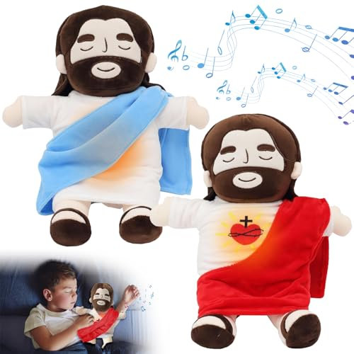 HBSFBH Jesus Plüschtier mit Atembewegung und Musik, 2 Stück Schlummer Jesus Kuscheltier, Jesus Kuscheltier mit Herzschlag, Jesus Stofftier Plüsch, Musikalisches Kuscheltier mit beruhigenden Klängen