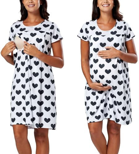Chemise Nuit Allaitement Maternité Coton Robe de Nuit Femme Enceinte Col en V Manches Courtes Devant Ouvert Chemise de Nuit Femme Grossesse 3 en 1 Peignoir d'hôpital Accouchement Allaitement Maternel
