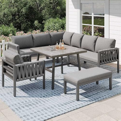 Seil Gartenmöbel Set, Terrassenmöbel Set mit verzinktem Eisengestell, verstellbare Beine, Ecksofa, Tischplatte aus gehärtetem Glas, inklusive Sitz- und Rückenkissen, Lounge Möbel Outdoor, Beige/Grau