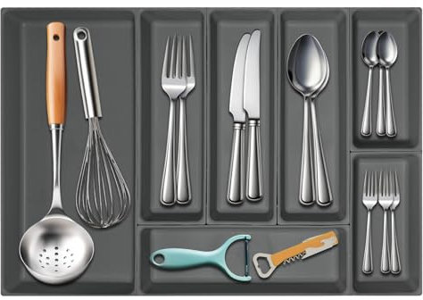 WUITOKI Besteckkasten für Schublade 60cm aus Plastik, anthrazit, modular, 52x35x6cm