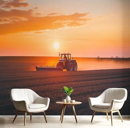 Fototapete Ackerland Landschaft 3D 250x175cm (B×H) Tapete, Sonnenuntergang Traktor Wohnzimmer Küche Schlafzimmer Seidenstoff Tapete, Wand Dekoration Wandtapete, UV-Beständig Montagefertig