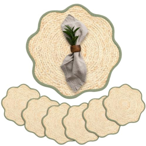 Jingmore 6 Pcs 15 Inch Handwoven Scalloped Placemat,Green | Boho Rattan Placemats Scalloped Chargers for Dinner Plates Farmhouse Mats for Dining Table Decor Wedding Party Supplies