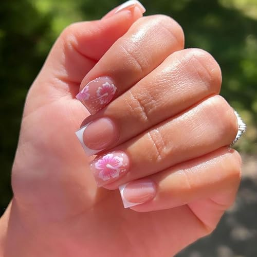 ewku Flower 24PCS Short Press On Nails Square