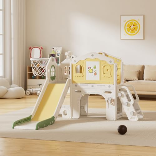 Rutsche mit Klettergerüst für Kinder: Indoor Spielplatz mit - Aufbewahrungsbox Tunnel Treppenleiter Basketballkorb und Durchgangsbereich Gartenrutsche (SDW-L-Green Yellow)