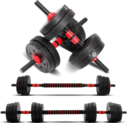 BREEZENEST 30kg Dumbbell Set with Connecting Bar - Adjustable Dumbbells & Barbell 2 in 1 Strength Training Set, Metal Weights with Steel Tube for Home Gym Fitness (Black & Red)