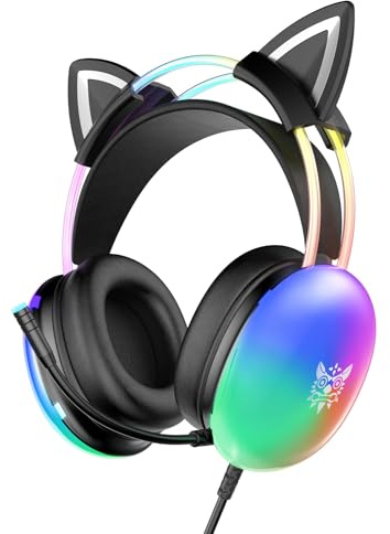 ONITOON Cat Ear Gaming Headset with Microphone, RGB Rainbow Lighting, Surround Sound, 3.5mm Wired Over-Ear Headphones for PC/PS4/PS5/Switch/Laptop, Lightweight and Adjustable Headband