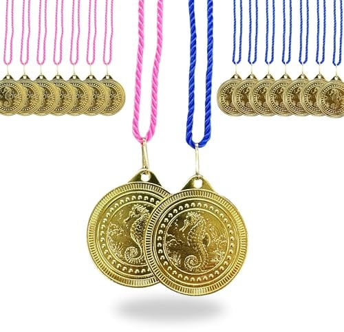EBERiX POKALE – Seepferdchen Medaille 50 mm aus Metall – glänzende Schwimm Medaille für Kinder & Vereine – inklusive Kordel in Blau oder Rosa – 31 g – Ideal für Schwimmkurse & Wettkämpfe