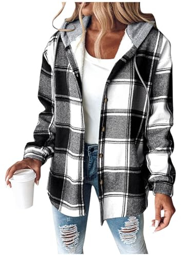 Dyhxuan Veste de chemise pour femme - Doublée à carreaux - Veste d'hiver avec capuche et boutons - Veste polaire chaude - Automne et hiver - Pull à capuche