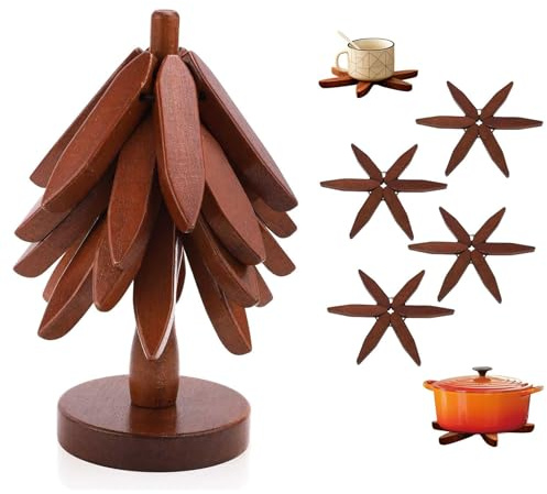 MaoNativey Set of 4 Foldable Wooden Coasters in Tree Shape with Storage Stand - Heat Resistant Plates, Pot & Pans Coasters for Table, Bowl, Teapot