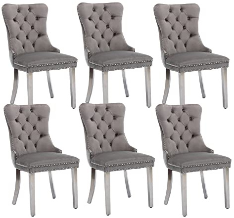 Shenyon Graue Samt-Esszimmerstühle 6er Set, silberfarbene Edelstahlbeine | Mid Century Modern Stil; Rückenlehne mit Knopfheftung; Ziernägel; dekorativer Ringgriff; bequeme Polsterung; einfache Montage
