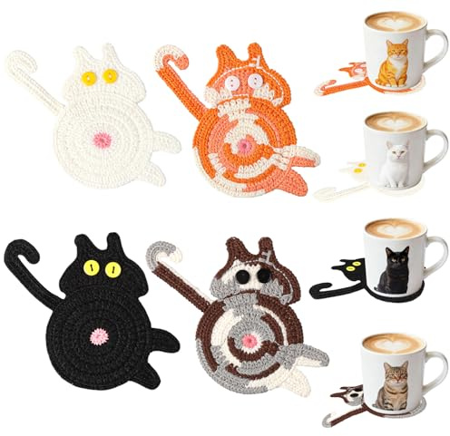 4 Stück Strick Katze Untersetzer,Niedlichem Kätzchen Motiv Glasuntersetzer,rutschfest und Hitzebeständig,Katzen Deko Geschenk für Esstische,Schreibtische,Büros,Getränke,Möbel und Küchen