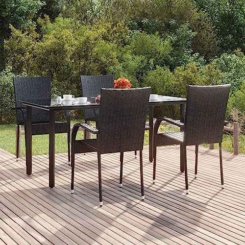 Yunovire 5-TLG. Garten-Essgruppe Schwarz Poly Rattan, Outdoor Essgarnitur mit Hartglas-Tisch, Stapelstühle für Balkon, Terrasse, Gartenmöbel Set