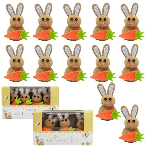 12Pcs Mini Easter Bunny Ornaments with Carrots – Cute Easter Decorations for Easter Baskets, Easter Bonnets, DIY Crafts & Easter Party Favors