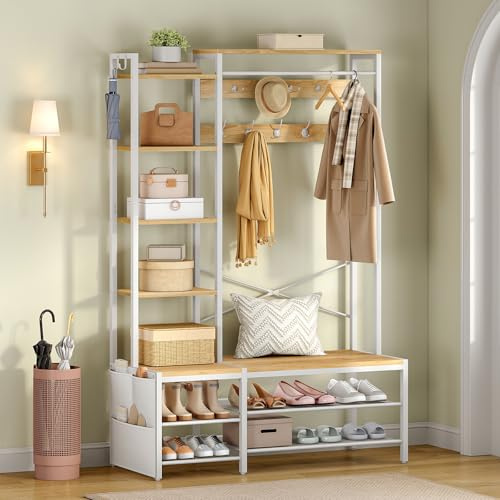 HOOBRO Garderobenständer, Garderobe mit Schuhregal und Sitzbank, 9 Doppelhaken, 2 Seitenhaken, 5 Ablagen und Seitentasche, für Flur, Schlafzimmer, Wohnzimmer, Weiß und Holzfarbe EWN42MT01
