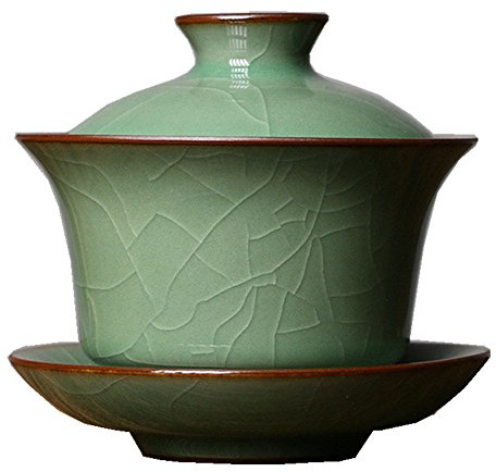 Gaiwan Kung Fu-Teetassen mit Deckel, 142 ml, Teetasse und Untertasse, glasiertes Crack-Porzellan, chinesisches Seladon (Armeegrün)