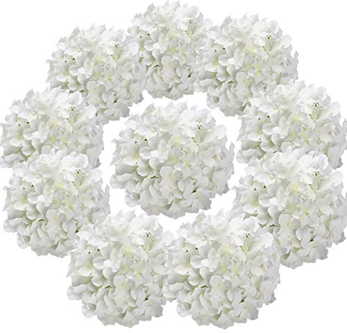 Flojery Cabezas de hortensias de Seda Artificiales con Tallos para decoración del hogar, Boda, Paquete de 10 (Blanco)