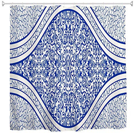 A.Monamour Carreau De Faïence Majolique Bleu Et Blanc Azulejo Original Portugais Traditionnel Et Espagne Art Décor Imperméable À l'eau Polyester Tissu Rideau De Douche pour Salle De Bains 180x180cm