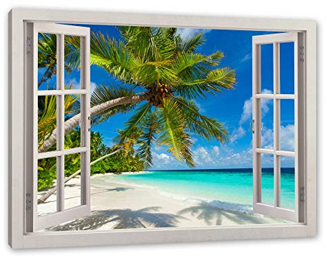 Pixxprint Palmenstrand, Fensterbild, Größe: 80x60cm, Leinwandbild, fertig gespannt, Wandbild, Dekoration, Kunstdruck, kein Poster