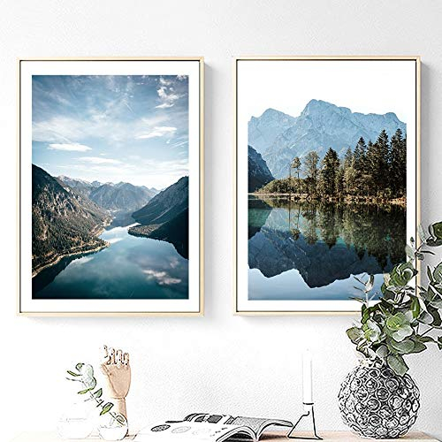 Jungle Lake Berg Spiegelung Quotation Wand-Kunst-Leinwand-Malerei nordischen Stil Poster und Drucke, Wohnzimmer und Büro-Dekoration Malerei 50x70cmx2 No Frame