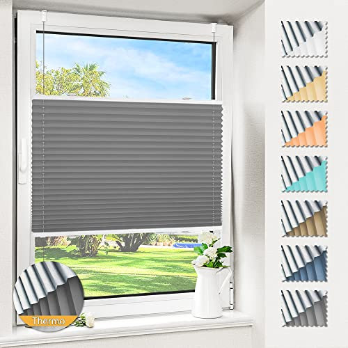 Magiea Plissee ohne Bohren verdunkelung, Thermo Plisseerollo Klemmfix, Grau 55x130cm(BxH), Verdunklungsplissee 100% lichtundurchlässig, Faltrollo für Fenster, Sichtschutz Sonnenschutz