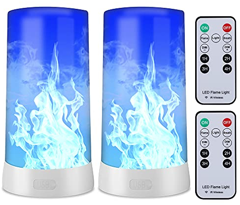 Luz LED con efecto de llama, recargable por USB, velas sin llama, luz LED azul para chimenea con temporizador y mando a distancia, luces de linterna para exteriores para dormitorio, bar