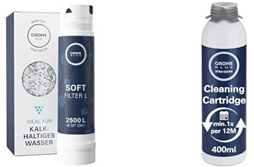 GROHE Set Filtro a 5 fasi, per esaltare il gusto dell’acqua, ridurne il residuo fisso e il calcare, Taglia L capacità media 2500 l, 40412001 e Cartuccia di Pulizia per sistemi GROHE Blue