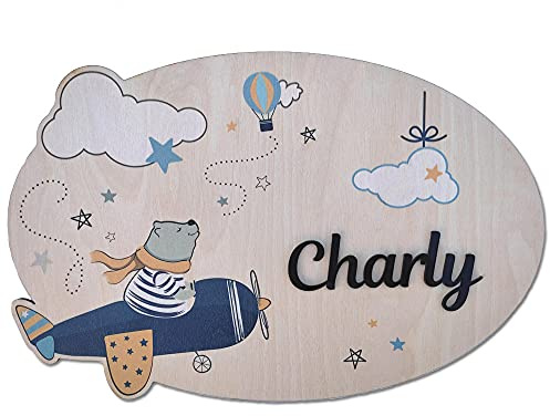 Adzif.biz Le sticker de decoration, Plaque DE Porte en Bois Ours Personnalisable, 2 perçages en Haut, Plexi Noir