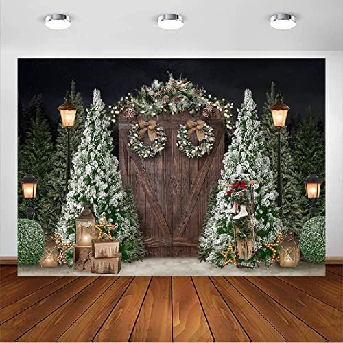 Avezano Christmas Rustic Wood Door Photography Backdrop Winter Xmas Pine Tree Gifts Family Decoration Background Wallpaper Durable Vinyl Newborn Children Birthday Party Booth Props (7x5ft)