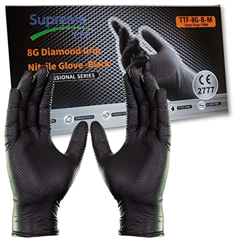 Supreme TTF Extra Strong 8.0 mil Thickness Orange HD Nitrile Powder Free & Latex Free Diamond Grip Gloves Box of 50 Gloves (Black, Medium (Size 8))
