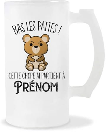 Planetee Chope de bière Prénom personnalisable Ours bas les pattes| Verre pinte de bière idée cadeau personnalisé drôle et original pour collègue de travail famille et amis