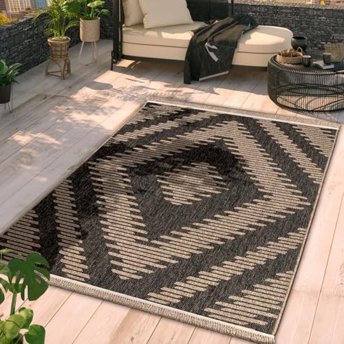 TT Home In-& Outdoor Teppich Wohnzimmer Wetterfest Balkon Boho Blattmotiv 3D Fransen, Farbe:Beige Anthrazit, Größe:80x150 cm