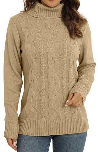 QIXING Women's Jumper Turtle Neck Cable Knit Ribbed Sweater Long Sleeve Tops for Women UK Chunky Knit Ladies Pullover(Beige, XL)