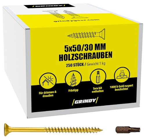Grindy Torx Lot de 250 vis à bois, 5 x 50 mm, pour panneaux d'aggloméré, vis universelles de qualité supérieure pour l'intérieur et l'extérieur