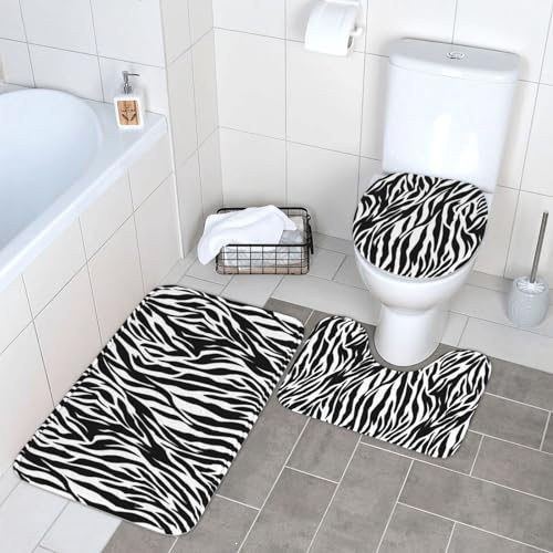 EVANEM Badezimmerteppich-Set, 3-teilig, Badteppiche für Badezimmer, Zebramuster, rutschfeste Badteppiche, WC-Vorleger für Badezimmer, Plüsch-Badematte, saugfähig, Duschvorleger für Schlafzimmer, Küche
