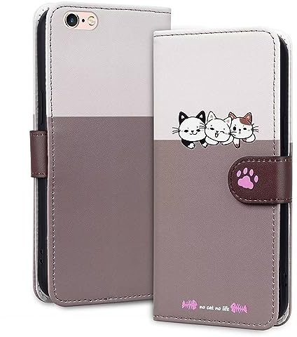 Ailisi Handyhülle für iPhone 6/iPhone 6s (4,7 Zoll), Niedliche Katzen Karikatur PU Leder Klapphüllen Brieftasche Etui Magnetverschluss Schutzhülle mit Kartenfächern, Ständer, Weiß/Hellbraun