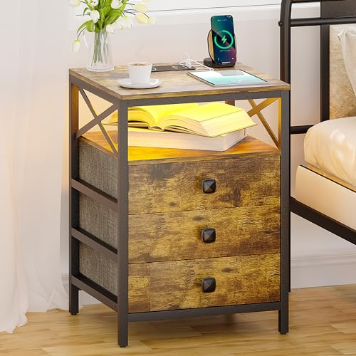 Lvifur Nachttisch LED mit Ladestation&Licht,Smart Beistelltisch mit USB-Anschlüsse,Couchtisch mit Schubladen für Wohnzimmer,Schlafzimmer(40×43×60 cm)