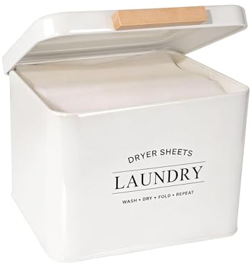 Candco Dryer Sheet Holder with Hinged Lid for Laundry Room Organization, Metal Farmhouse Dryer Sheet Container, Laundry Room Decor and Accessories (Cream)