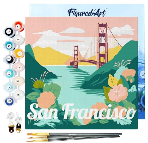 Figured'Art Mini Malen Nach Zahlen Erwachsene Mit Rahmen 20x20cm Kleines Format - Reiseplakat San Francisco - Paint by Numbers Basteln DIY Bastelset Leinwand gespannt auf Holzrahmen
