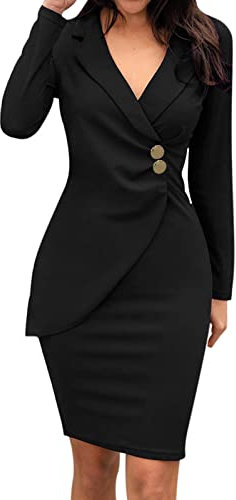 Robe Chaude Manche Solide vers Le Bas Femmes Travail Cou Long Tour Formel Robe Casaul Robe de Femme Jupe Longue Fluide (Black, L)