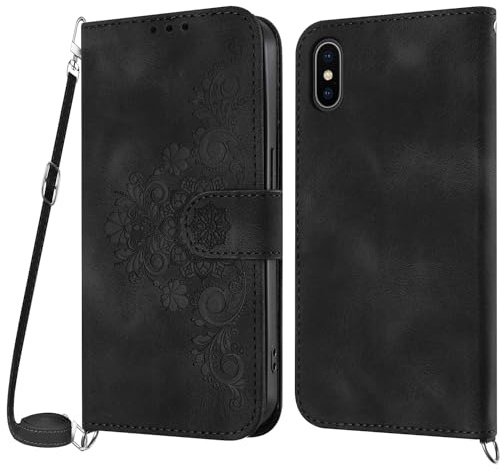NETANY Cover per iPhone X/XS con Cordino, Flip Portafoglio Custodia in Pelle, [2 Porta Carte][Chiusura Magnetica],Custodia Libro Antiurto Cover con Laccio per iPhone XS/iPhone X (5,8 Pollici) (Nero)