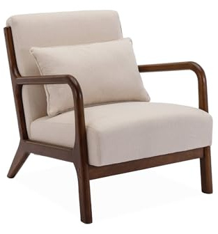 sweeek - Sessel mit beigem Stoffbezug, Beine aus nussbaumfarbenem Hevea-Holz, 1-Sitzer, gerade, fest, skandinavische Kompassbeine, solides Holzgestell