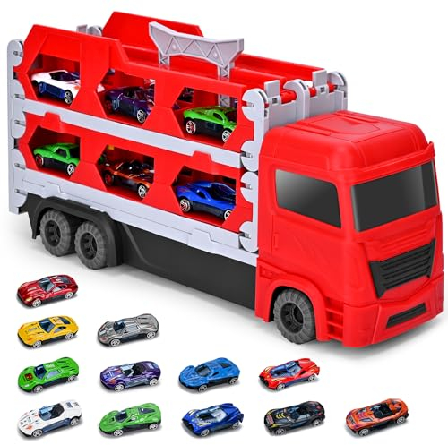 Xoolkly Transport Truck Toy Cars for Boys, Portable Race Track Truck Toy Car with 12 Race Cars, Folding Storage 2 Ejection Race Track, Carrier Truck Toys Set for Boys Girls Aged 3 4 5 6, Red
