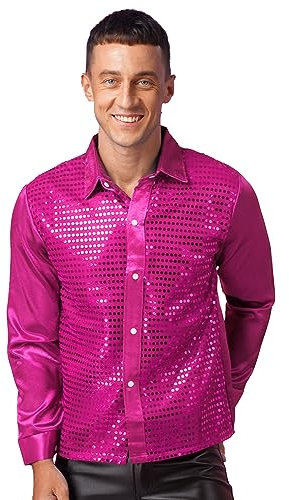 YiZYiF Homme Chemise de Soirée Cérémonie Chemise à Paillettes Veste Tops Disco Costume de Danse Bal Fête à Boutons Haut Tuxedo Chemise Brillante Manches Longues S-L Rose Vif B M