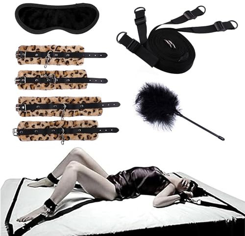 TUYMNI Bettfesseln Sex Set Bondageset Fessel Set BDSM Augenmaske Handschellen Fesselset Erotik Sex-Spielzeug Bondageset Fessel Set Seil Extrem Bettfesseln Großes für Paare frauen(Leopard Muster)