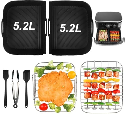 GINOYA 7pcs Air Fryer Accessories for Ninja AF500UK AF500UKCP, Large 10.4L Dual Drawer Air Fryer, Air Fryer Liners & Rack, Spatula, Kitchen Tongs, Oil Brush
