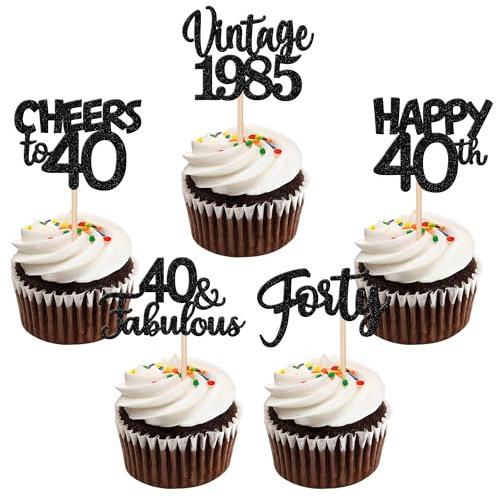 30 Stück Vintage 1985 Cupcake Toppers Glitzer Happy 40th Geburtstag Tortendeko Cheers to 40 Fabulous Forty Kuchen Deko für 40th Geburtstag Hochzeit Jahrestag Party Schwarz