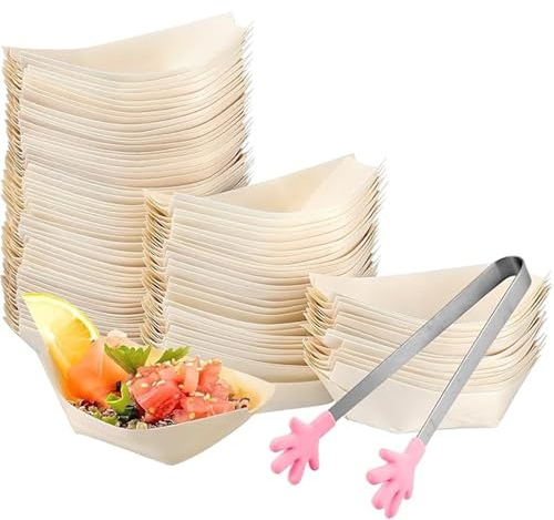 DAKLUNAR 200 Pcs Holzschale Schiffchen aus Kiefernholz, Bio Einweggeschirr Nachhaltig und Kompostierbar Fingerfood Schalen Snackschale für Fingerfood Currywurst Pommes Sushi