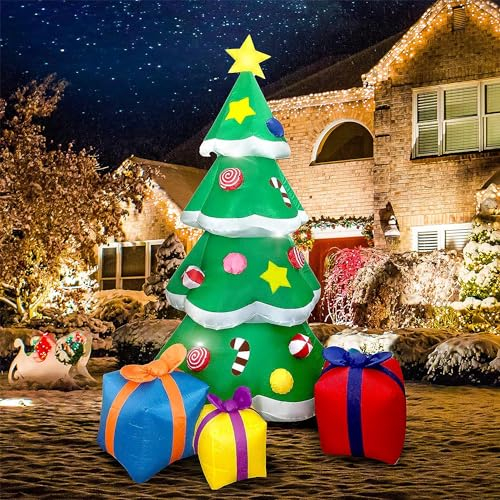 DXIA Albero di Natale Gonfiabile con 3 Scatole Regalo, Albero di Natale Illuminato, Compressore D'Aria Incorporato, Albero di Natale Gonfiabile da Esterno per il Cortile, il Giardino e il Prato