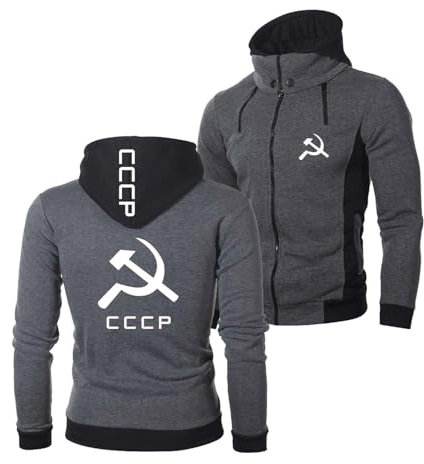 Herren Langarm Hoodies Für CCCP Frühling Herbst Jacke Langarm Trainingsanzug Print Kapuzenpullover Doppelreißverschluss Mantel Full Zip Patchwork Tops Hoody-Dark Gray||S